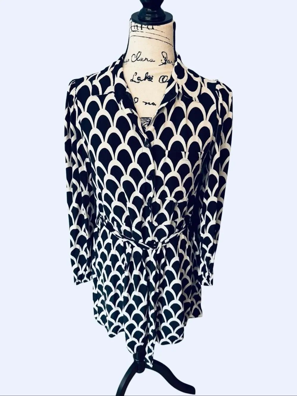 Zara Geometric Print Long Sleeve Shirt Dress Black White Belted Size XS